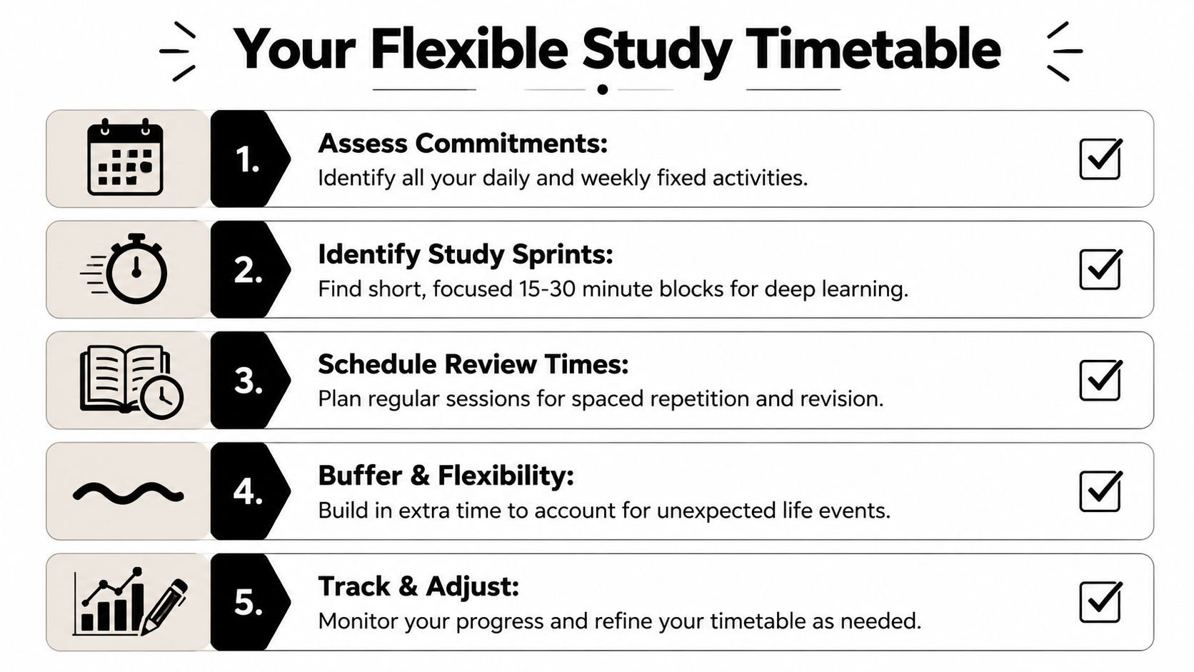A checklist titled Your Flexible Study Timetable outlining five key steps for effective student time management.