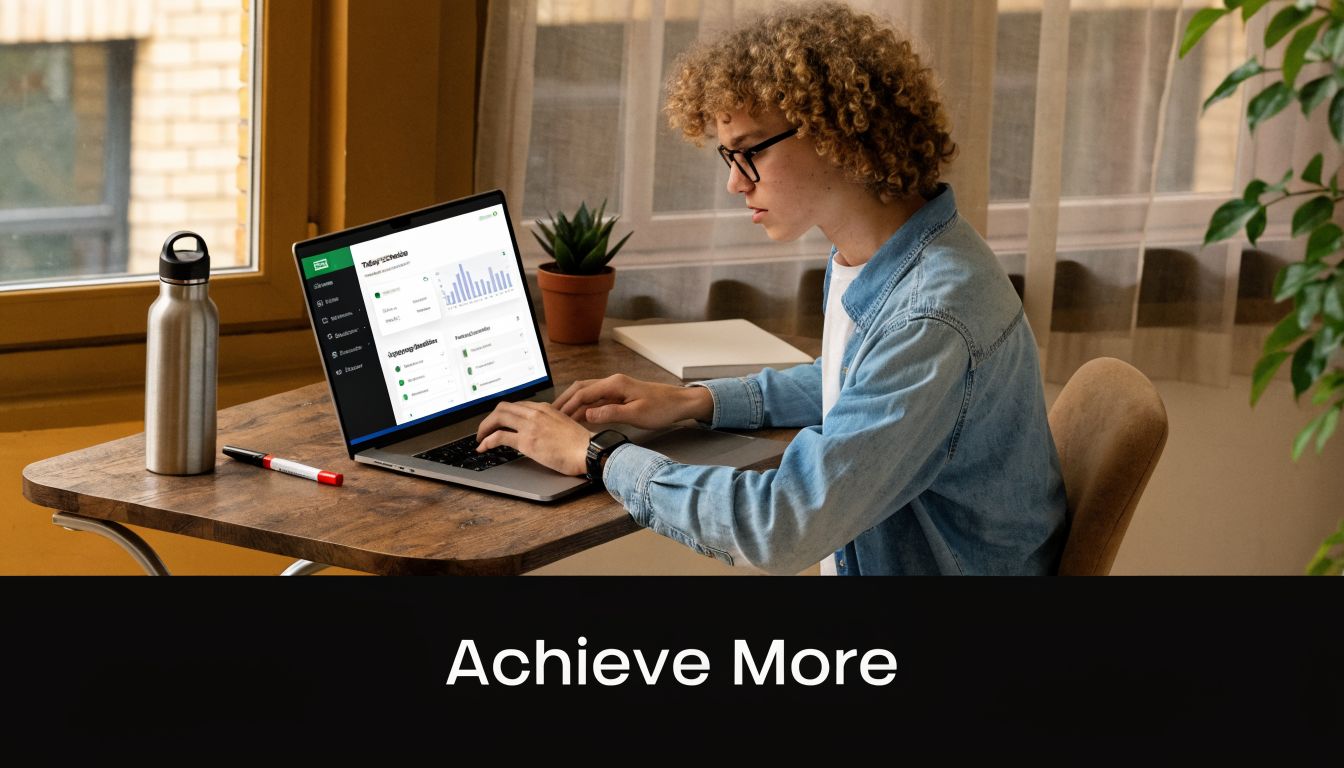 A student with curly hair working on a laptop at a wooden desk near a window.