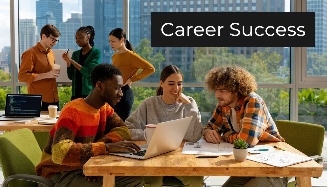 A diverse team of young professionals collaborates on a project in a modern sunlit office space.