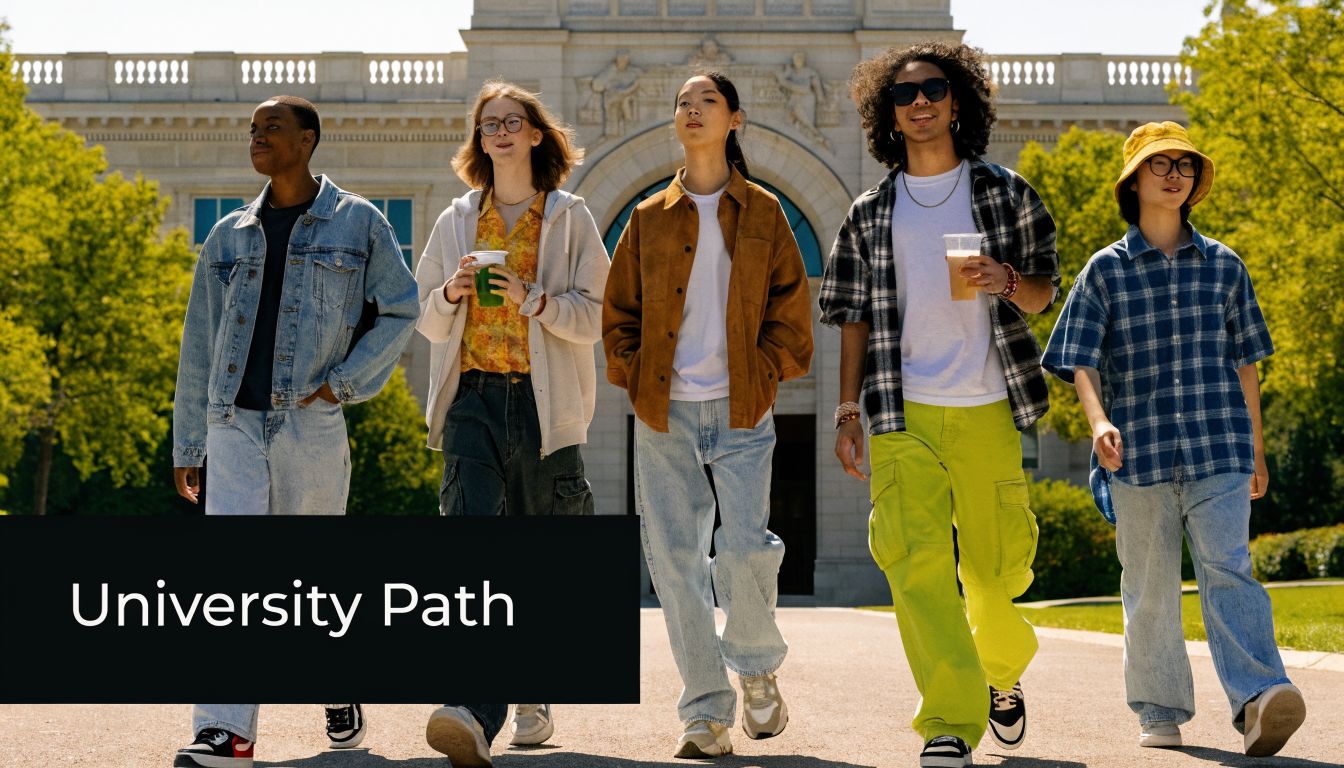 A group of five diverse university students walking together outdoors on a sunny campus path.