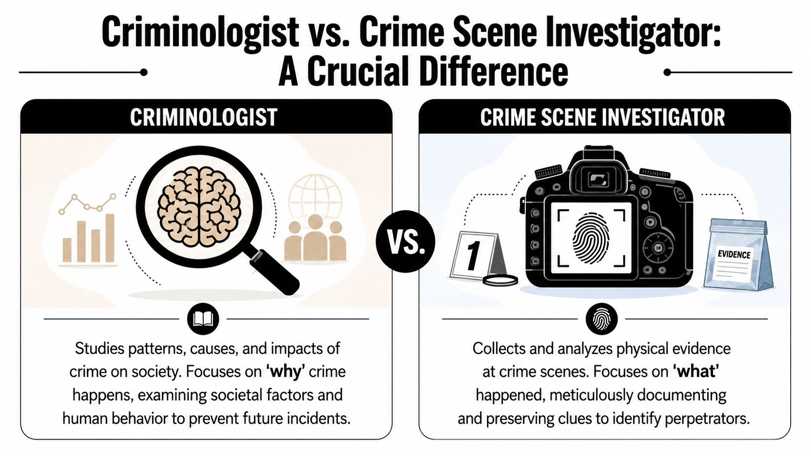 A comparison infographic showing the difference between a criminologist studying societal patterns and a crime scene investigator.