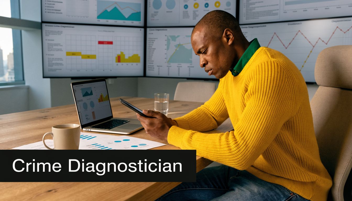 A professional man in a yellow sweater analyzing crime data on digital screens and a laptop.