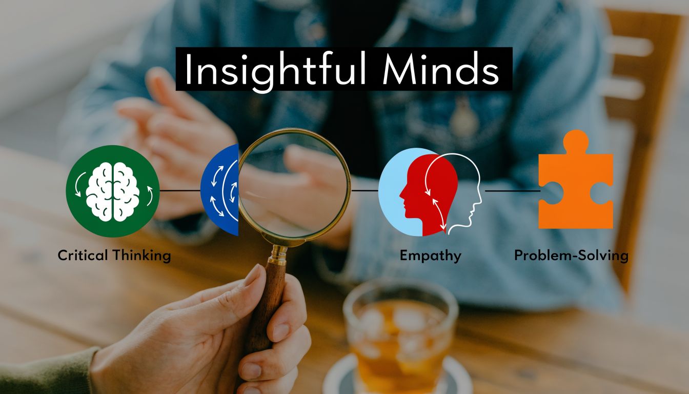 A magnifying glass focusing on icons representing critical thinking, empathy, and problem solving skills.