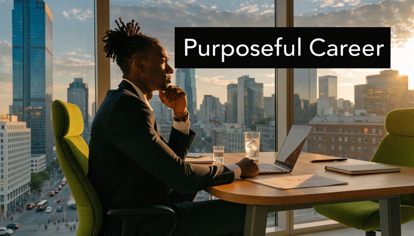 A professional man sitting at an office desk overlooking a city skyline at sunset.