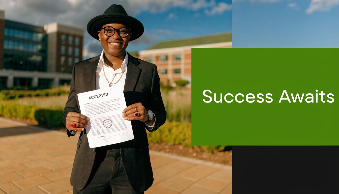 A person in a suit and hat smiling while holding an acceptance letter outdoors on a campus.