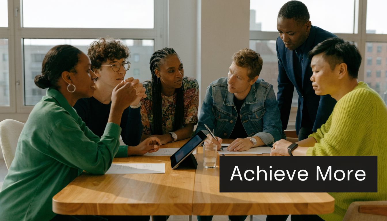 A diverse group of professionals working collaboratively around a wooden meeting table in a bright office.