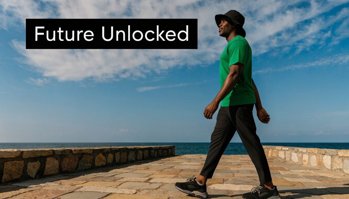A man wearing a green shirt and bucket hat walking confidently along a stone path by the sea.