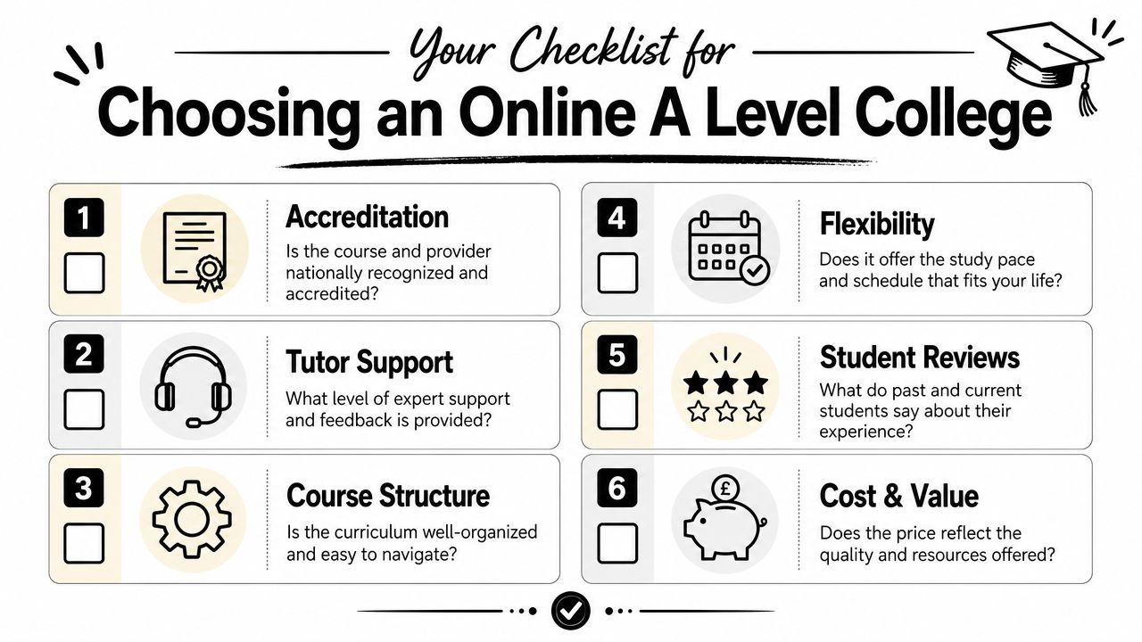 A checklist with six important criteria to consider when choosing an online A Level college provider.