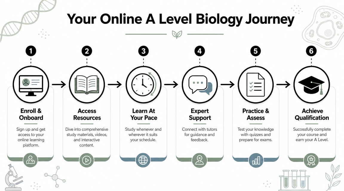 A flowchart showing the six-step process for an online A Level biology course journey.