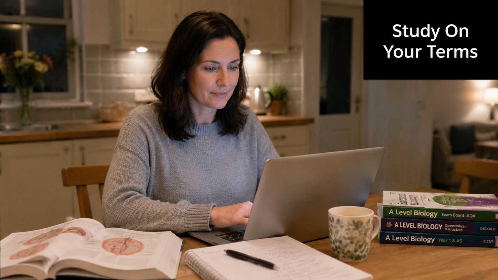 A woman studying for her A Level Biology exam on a laptop at a kitchen table.