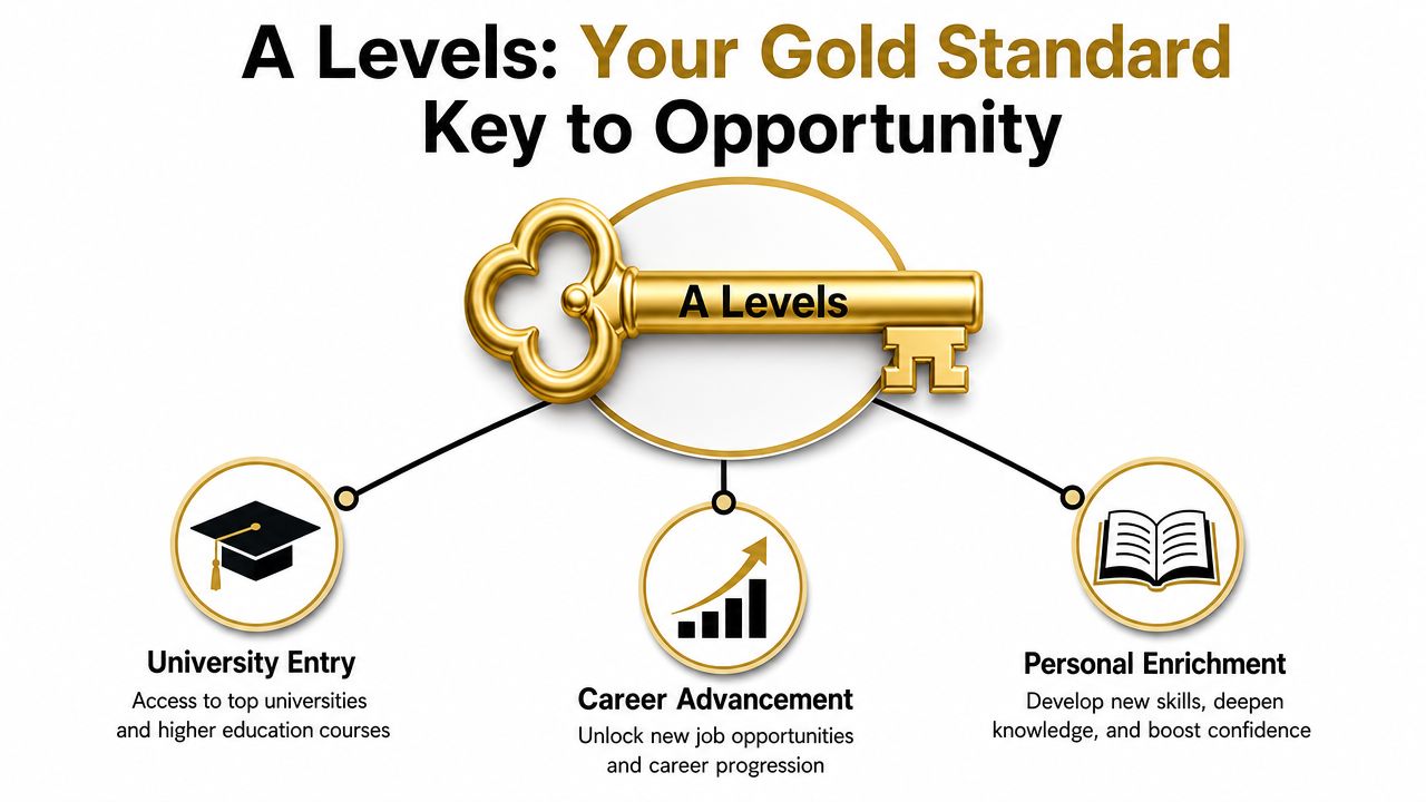 A golden key labeled A Levels symbolizing opportunities for university, career advancement, and personal growth.
