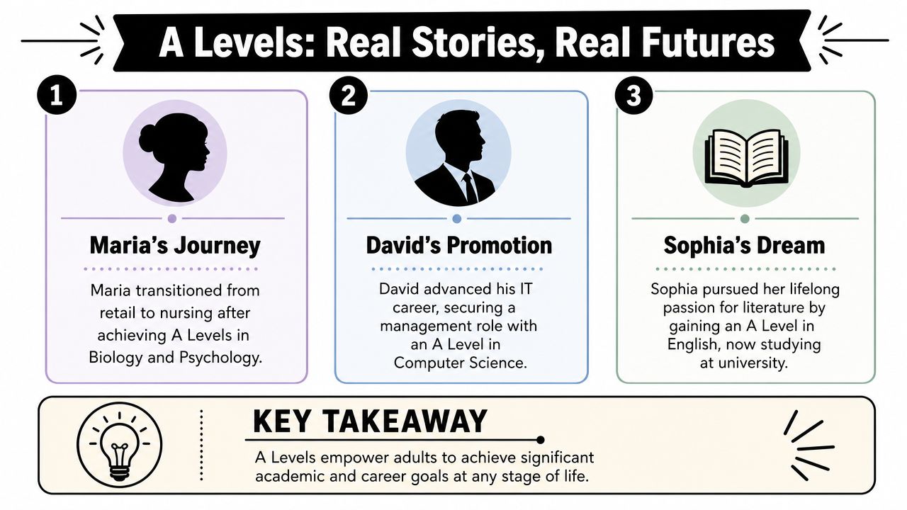 An infographic showing success stories of adults who achieved academic and career goals through A-level courses.