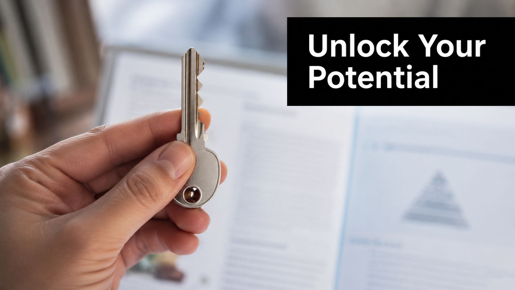 A hand holding a metallic key over an open book with a pyramid diagram in the background.