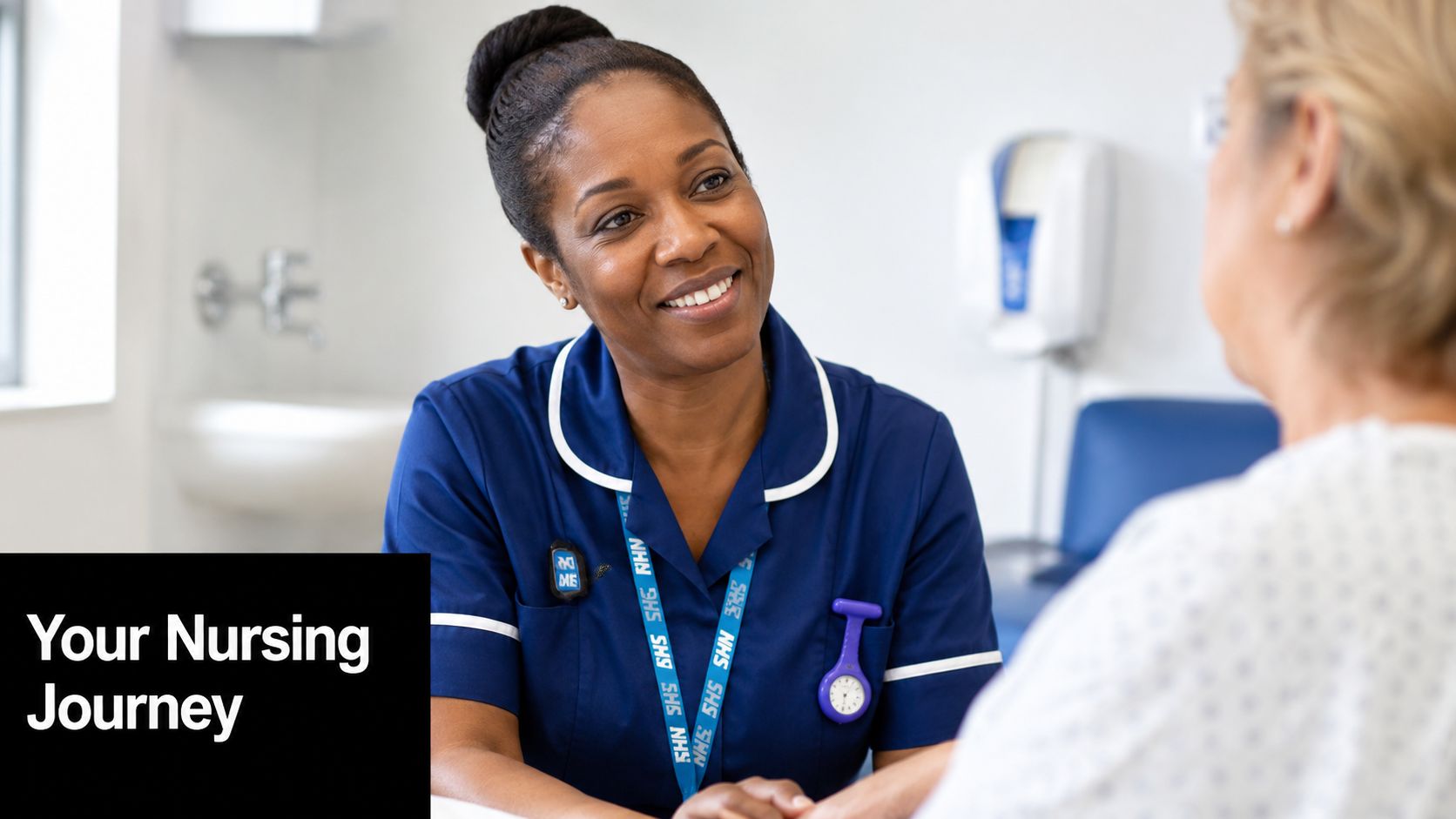 A friendly nurse smiling while holding hands with an older patient in a clinical room setting.