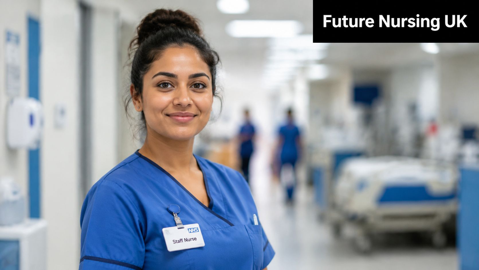A smiling female staff nurse wearing a blue uniform in a bright hospital corridor setting.