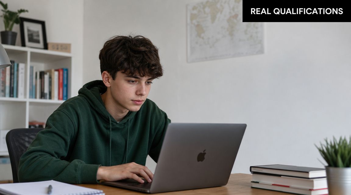 A young male student focused on studying while working on his laptop at a desk at home.