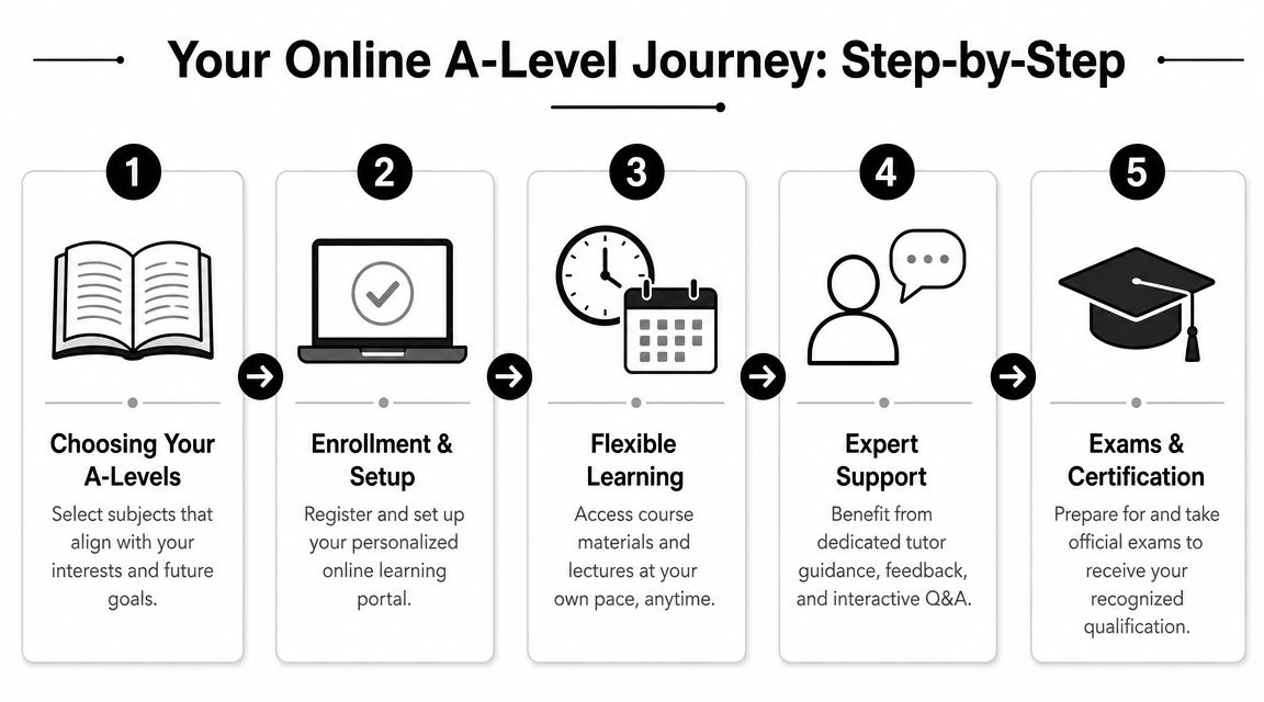 A five-step infographic showing the online A-level study process from choosing subjects to achieving final certification.
