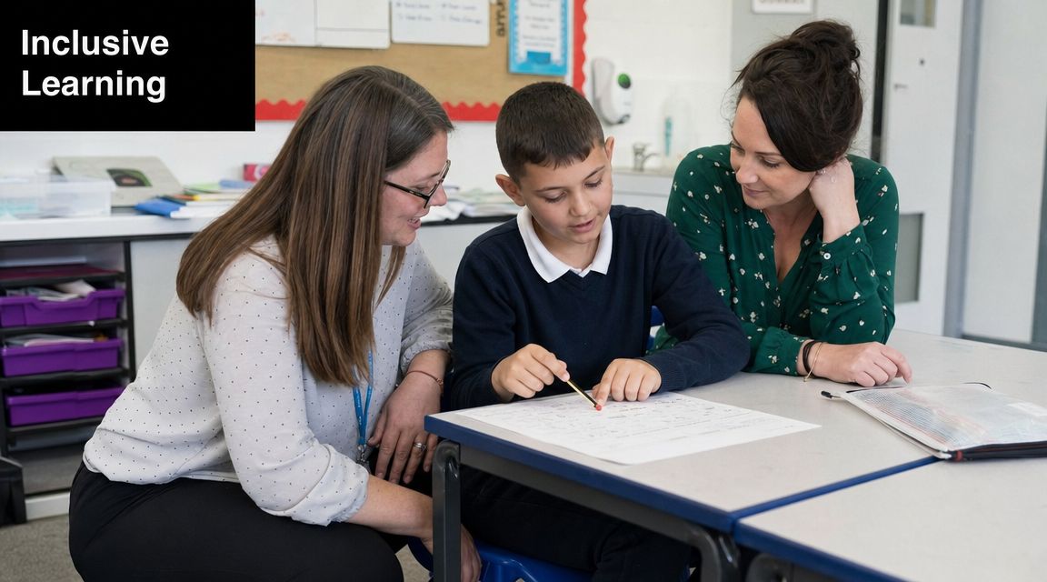 A teacher and a teaching assistant working with a student on a worksheet in a classroom.