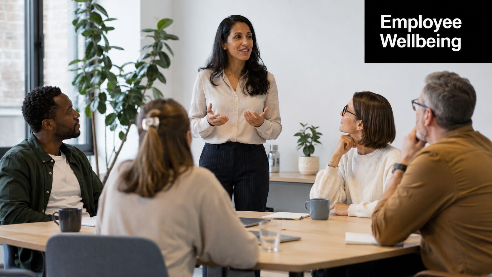 A professional woman leading a meeting about employee wellbeing with her diverse team in an office.