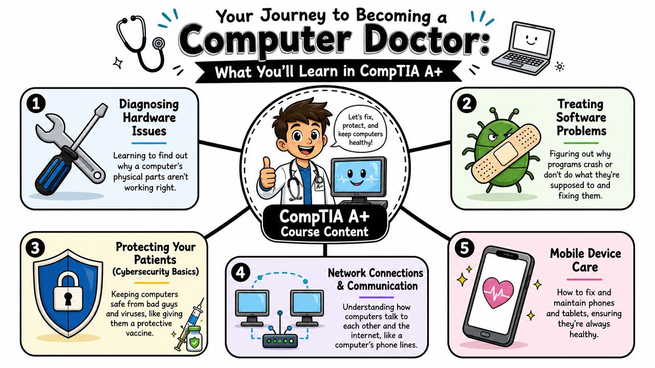 An educational infographic outlining five key topics covered in the CompTIA A+ certification training course.