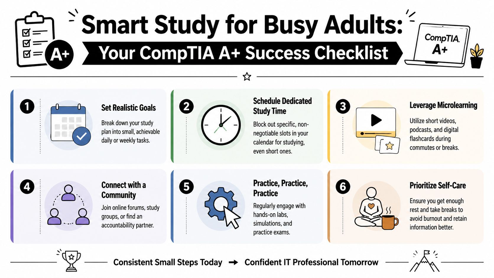 A six-step infographic showing tips for busy adults to study effectively for their CompTIA A+ certification.