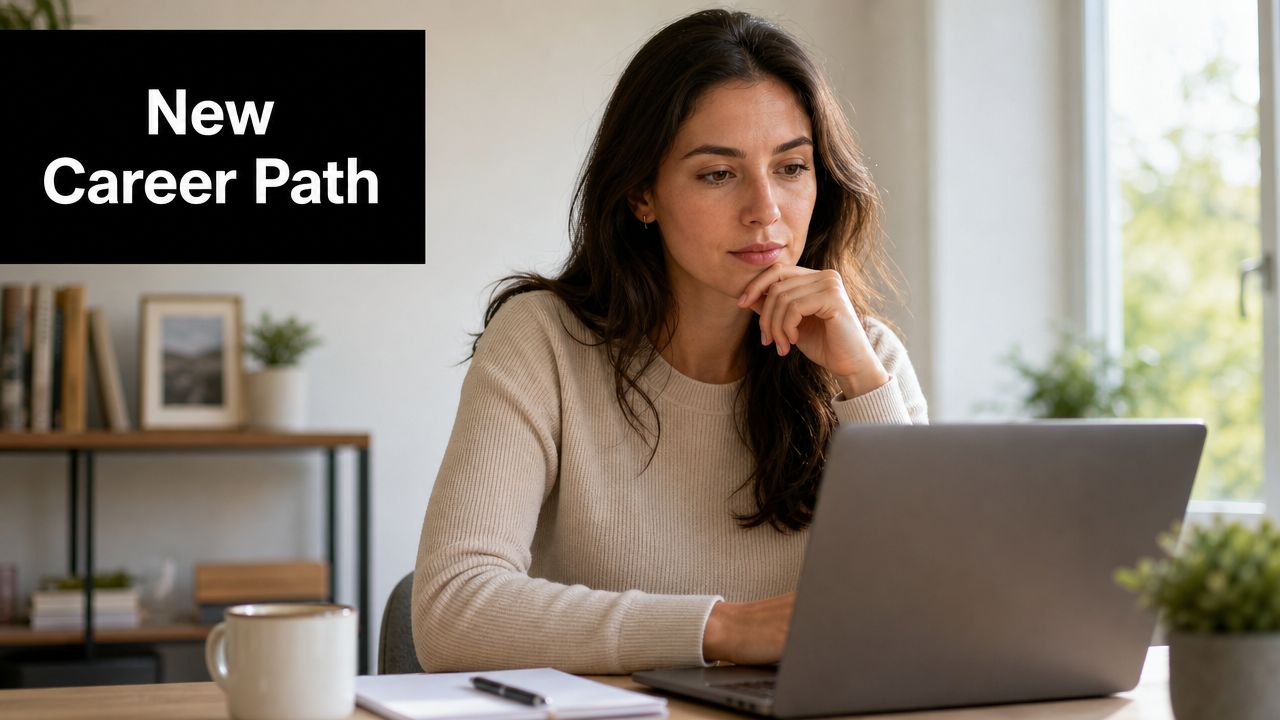 A woman working on a laptop at her desk, considering a new professional career path.
