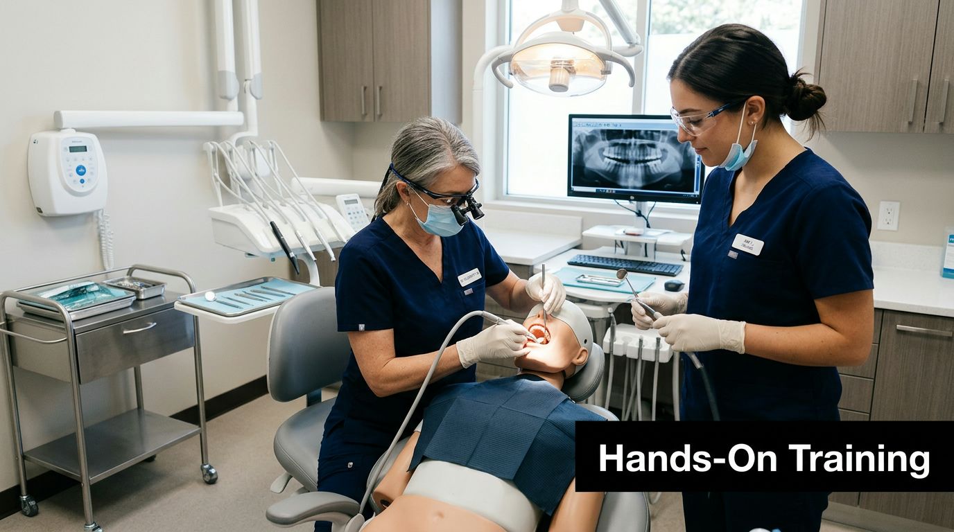 Two dental professionals providing hands-on training to a student on a medical mannequin in a clinic.
