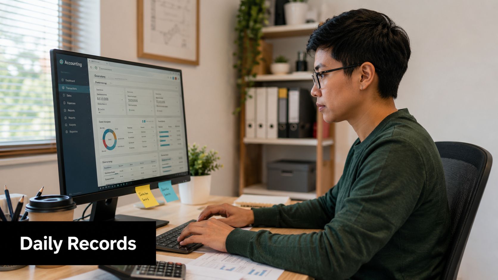 A professional accountant focusing on financial data and accounting software while working at a modern office desk.