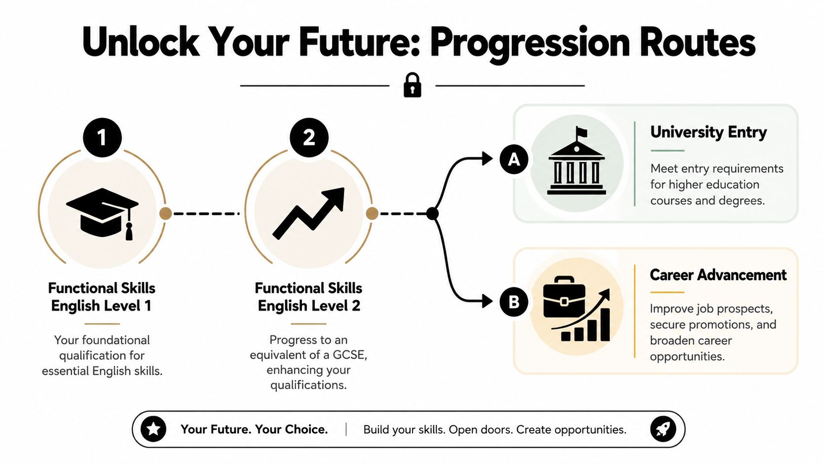 An infographic showing progression routes from Functional Skills English Level 1 to university or career advancement.