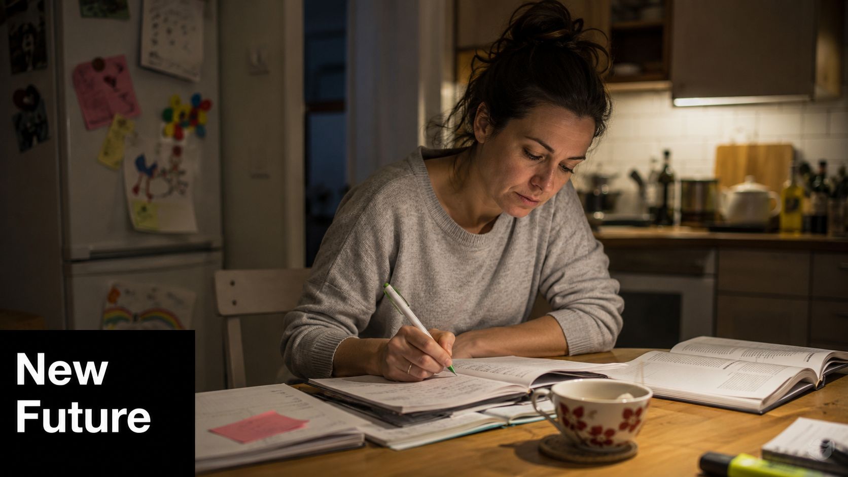 A focused woman sitting at a wooden kitchen table studying with books and taking notes late at night.