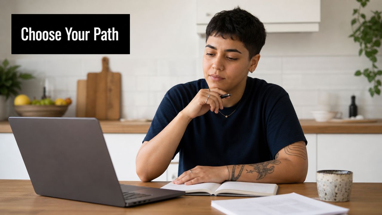 A focused person sitting at a desk with a laptop and notebook, considering study paths.