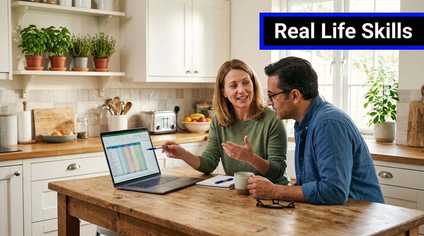 A woman and a man sitting at a kitchen table looking at an online spreadsheet on a laptop.