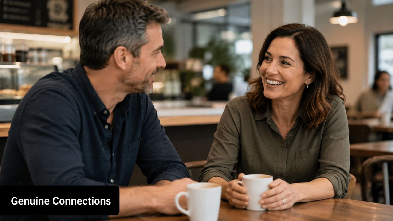 A middle-aged man and woman sharing a joyful conversation over coffee in a bright modern cafe.