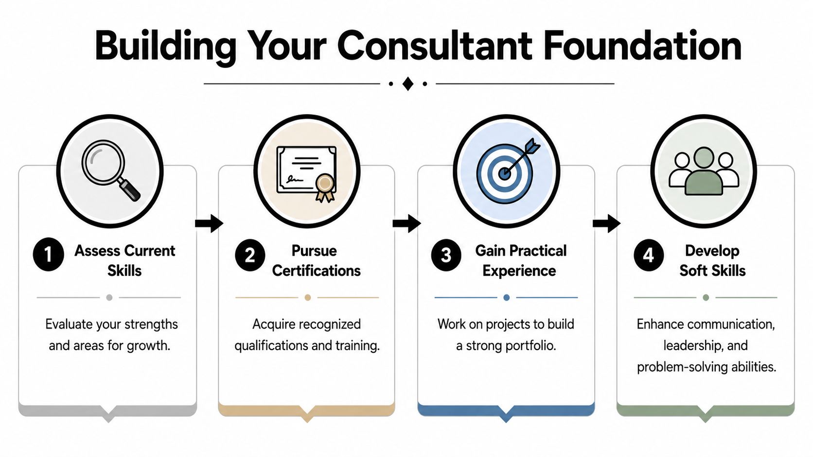 A four-step infographic illustrating the process of building a foundation to become a professional consultant.