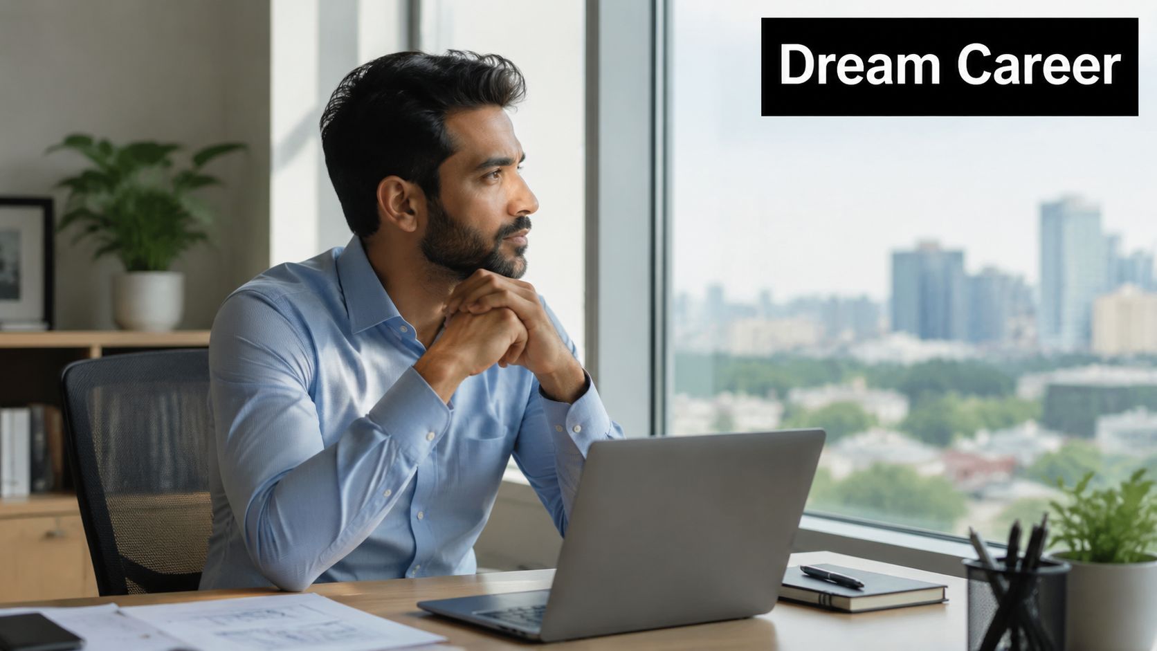 A professional man sitting at an office desk while looking thoughtfully out the window at a cityscape.