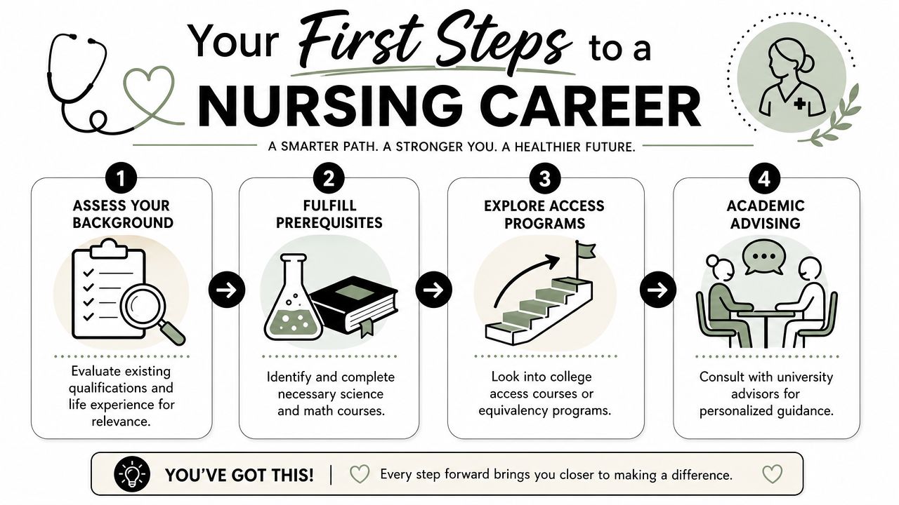 A four-step infographic guiding individuals through the preliminary process to begin a nursing career.