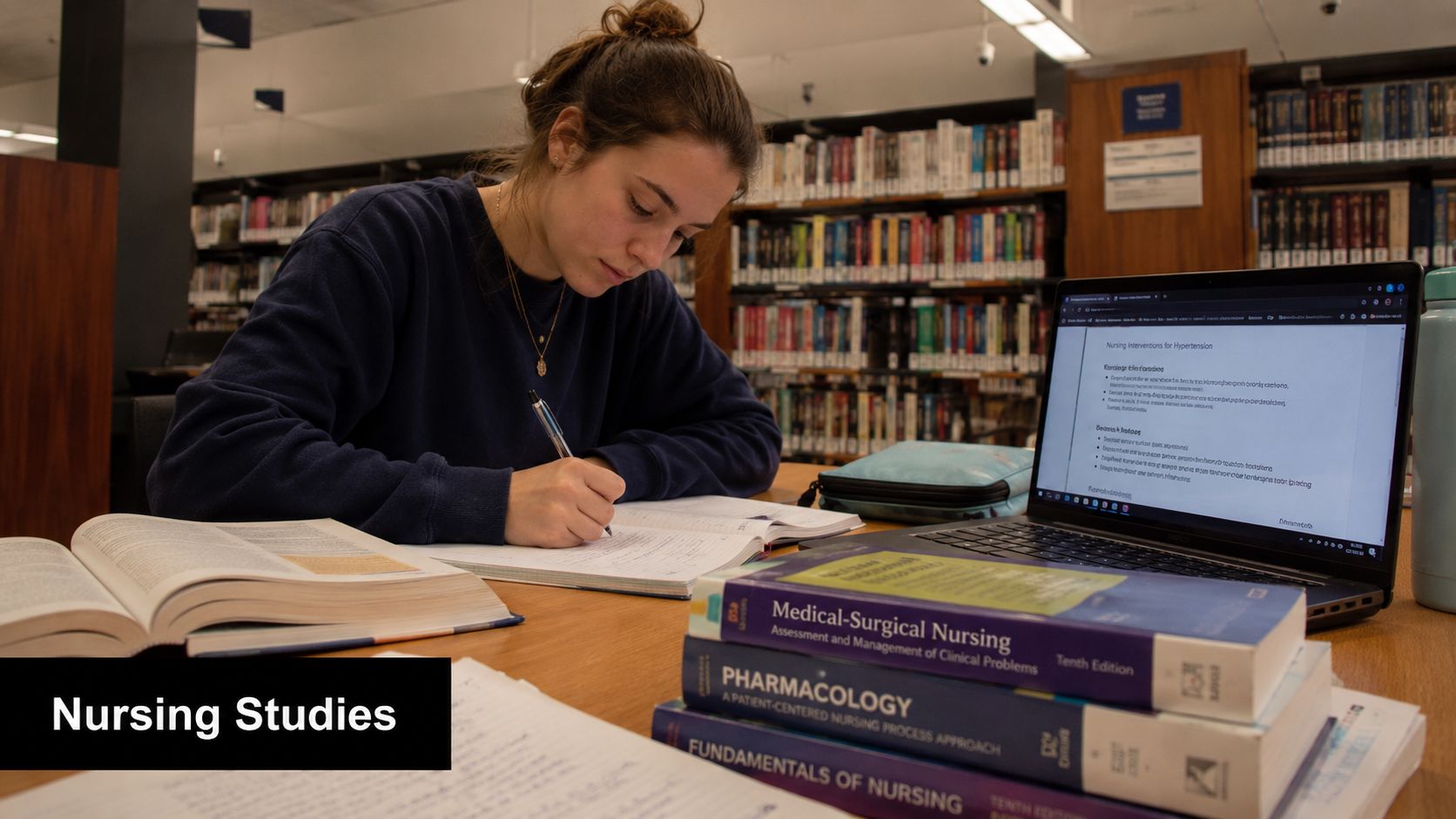 A female nursing student studying with textbooks and a laptop at a library table.