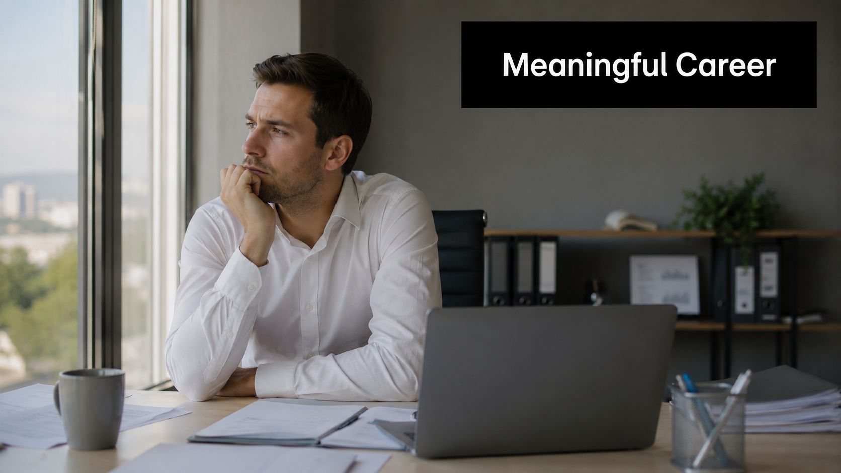 A pensive professional man sitting at an office desk while looking out the window during work.