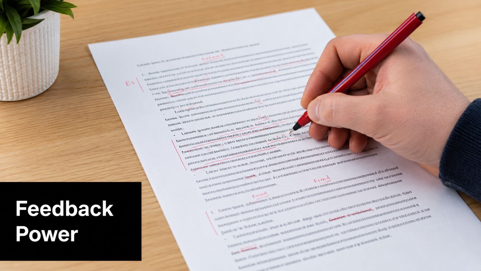 A person correcting a printed document with a red pen on a desk with a plant.
