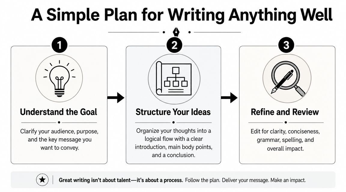 A simple three-step process infographic for writing effectively by clarifying goals, structuring ideas, and refining content.