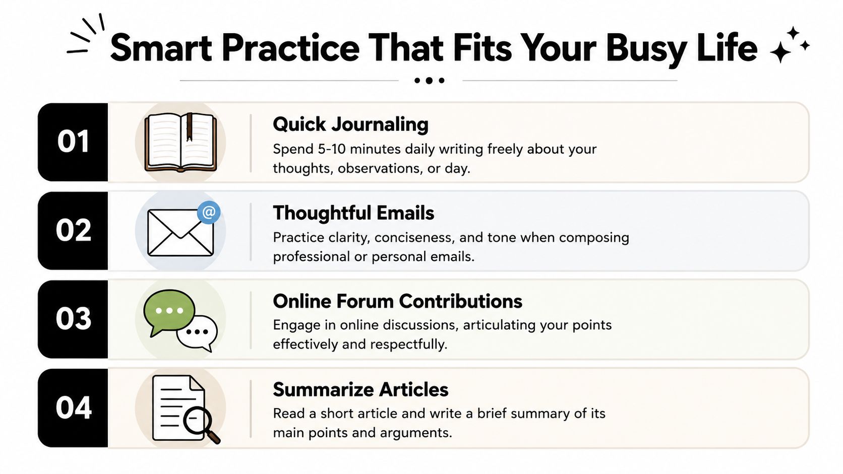 A list of four practical, time-efficient tips to help improve your daily writing skills effectively.