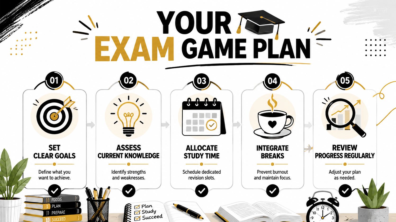 An infographic titled Your Exam Game Plan displaying five steps for effective studying and academic preparation.