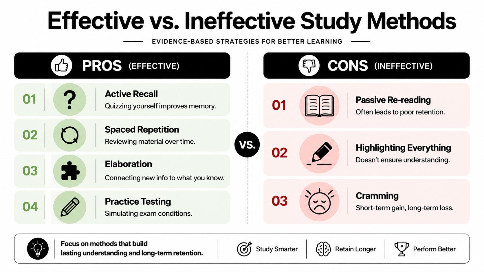 A comparison chart showing effective study methods like active recall versus ineffective ones like cramming and re-reading.