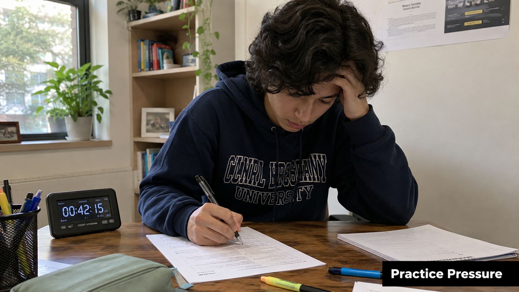 A focused student studying at a desk with a timer, experiencing stress while preparing for exams.