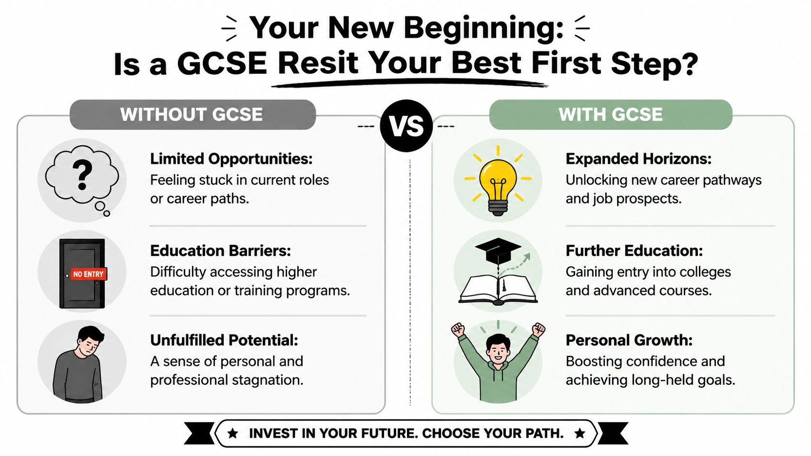 A comparison infographic showing the benefits of taking a GCSE resit versus not retaking exams.