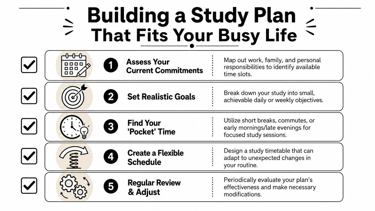 A five-step infographic showing how to build a study plan that fits a busy adult schedule.