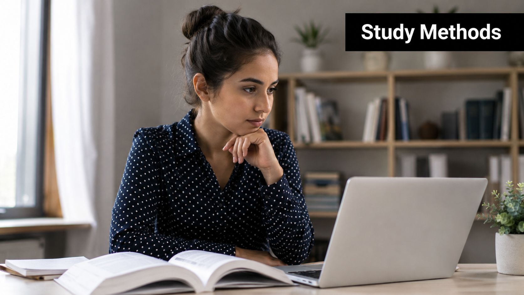 A focused young woman sitting at a desk with an open textbook studying on her laptop computer.