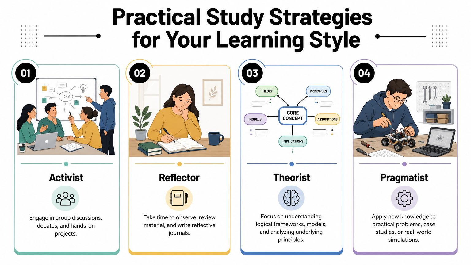An infographic illustrating four practical study strategies based on Honey and Mumford's learning style model.
