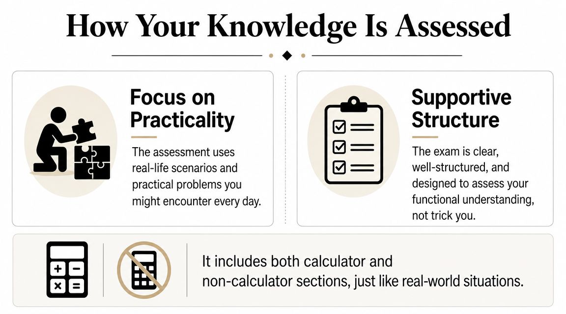 An infographic titled How Your Knowledge Is Assessed, illustrating practical focus, exam structure, and calculator usage guidelines.