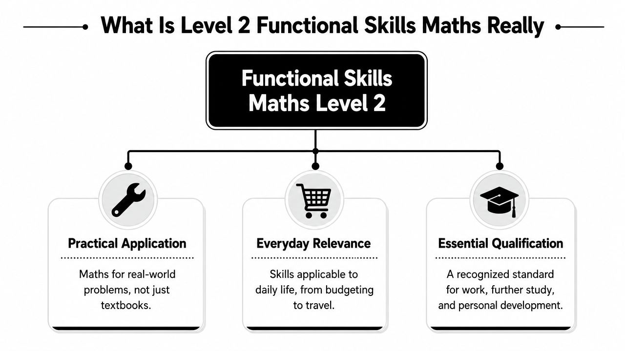 A diagram explaining Level 2 Functional Skills Maths through practical application, everyday relevance, and essential qualification.